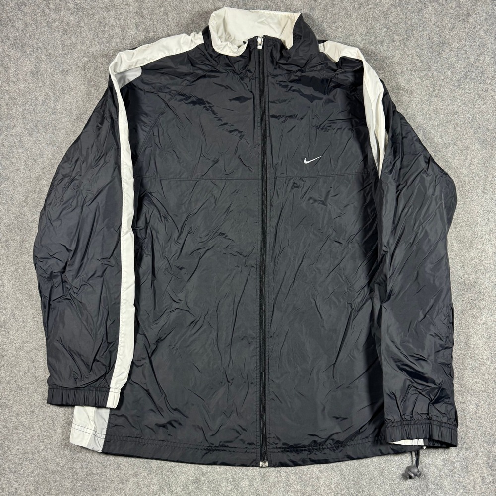 VTG Nike Windbreaker Jacket Mens XL Black White Full Zip Mesh Lined Stripe Y2K